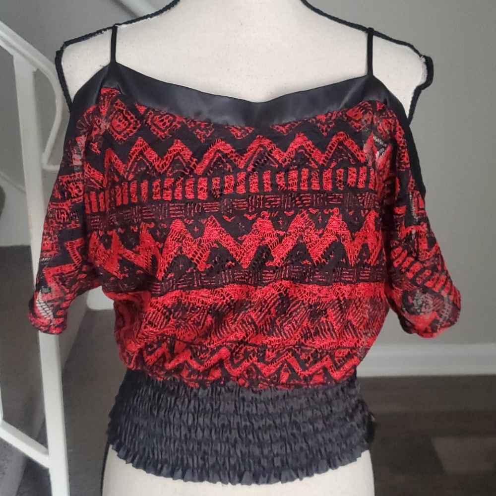 Monaco Tribal Print Lace Crochet Cold Shoulder Top
